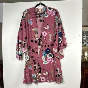 EASEL Sz S made in the USA 100%poly EUC Kimono Beach Cover up Floral Mauve Pink